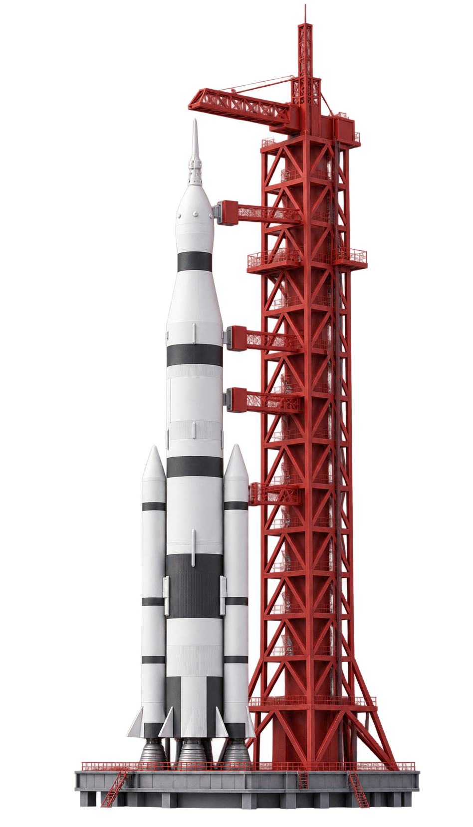 Raketa Saturn V u červené startovací věže